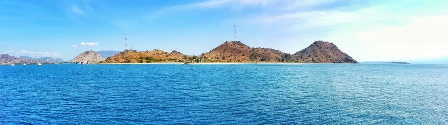 Panoramic view of sea and mountains against sky