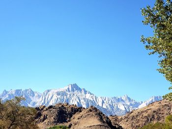 Scenic view of snowcapped mountains against clear blue sky