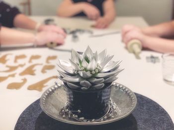 Midsection of people in plate on table