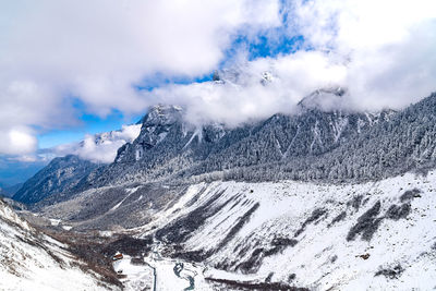 Scenic view of snow covered mountains against sky