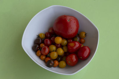 High angle view of different kinds of tomatoes in a white bowl