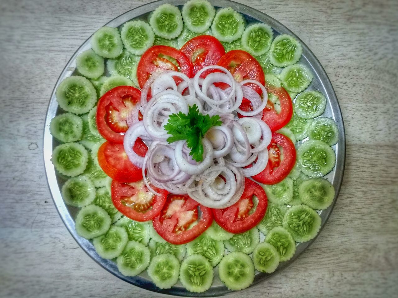 food and drink, freshness, food, slice, fruit, salad, healthy eating, vegetable, tomato, directly above, indoors, high angle view, cucumber, no people, close-up, ready-to-eat, mint leaf - culinary, day