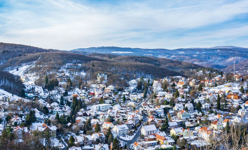 High angle shot of townscape against sky