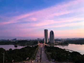 View of city at sunset