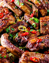 Full frame shot of meat on barbecue