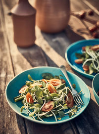 High angle view of food in bowl on table