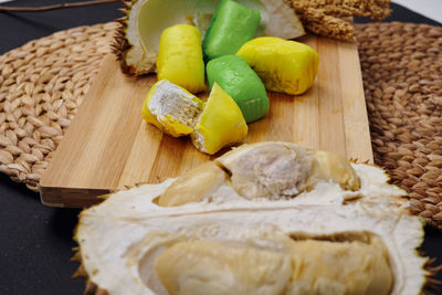 High angle view of fruits on cutting board