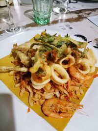 High angle view of food served on table