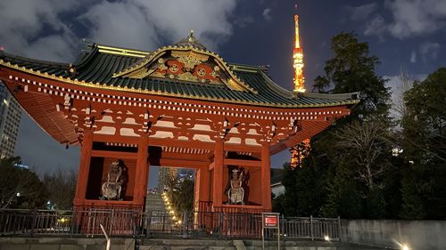 Illuminated temple building against sky at dusk