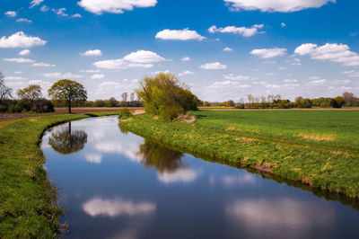 High angle view of river amidst grassy field against sky