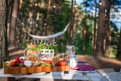 Picnic in the nature, table, carpets, wigwam, tent, pillows in the park.