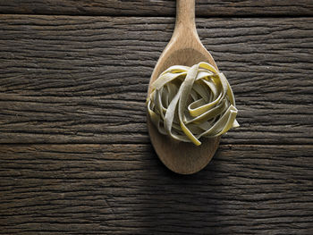 High angle view of tagliatelle pasta on table