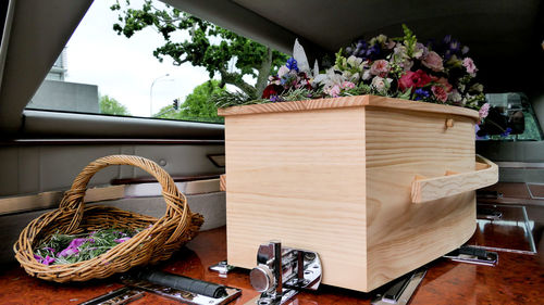 View of coffin in car