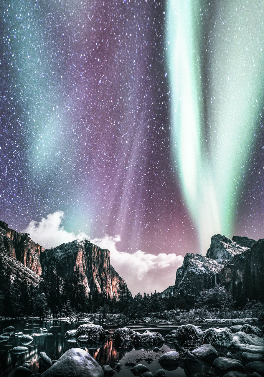 SCENIC VIEW OF MAJESTIC SNOWCAPPED MOUNTAINS AGAINST SKY AT NIGHT