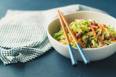 High angle view of meal served on table