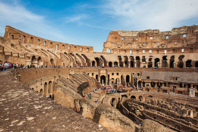 View of the seating areas and the hypogeum of the ancient colosseum in rome