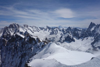 Scenic view of snow covered mountains against sky