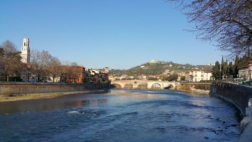 River passing through city against clear blue sky