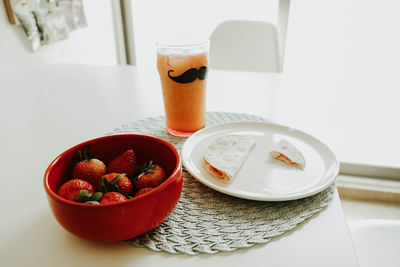 High angle view of breakfast served on table