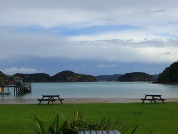 Scenic view of lake against cloudy sky