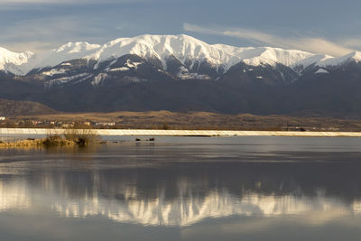 Scenic view of lake by snowcapped mountains against sky