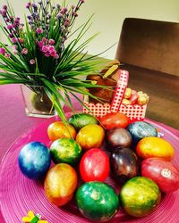 High angle view of fruits in basket on table