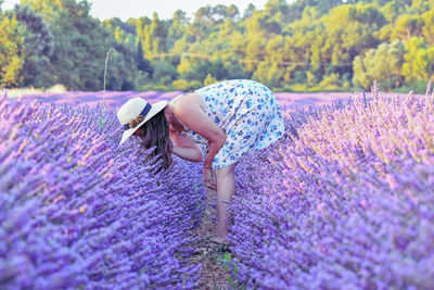 Side view of woman standing on lavender by land