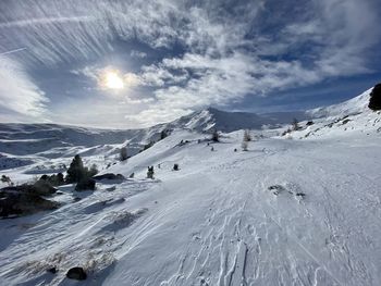 Scenic view of snow covered mountains against sky