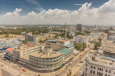 High angle view of buildings in city