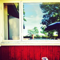 Man sitting by window against sky