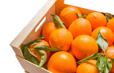 High angle view of oranges in container