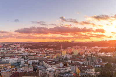 High angle view of townscape against sky during sunset