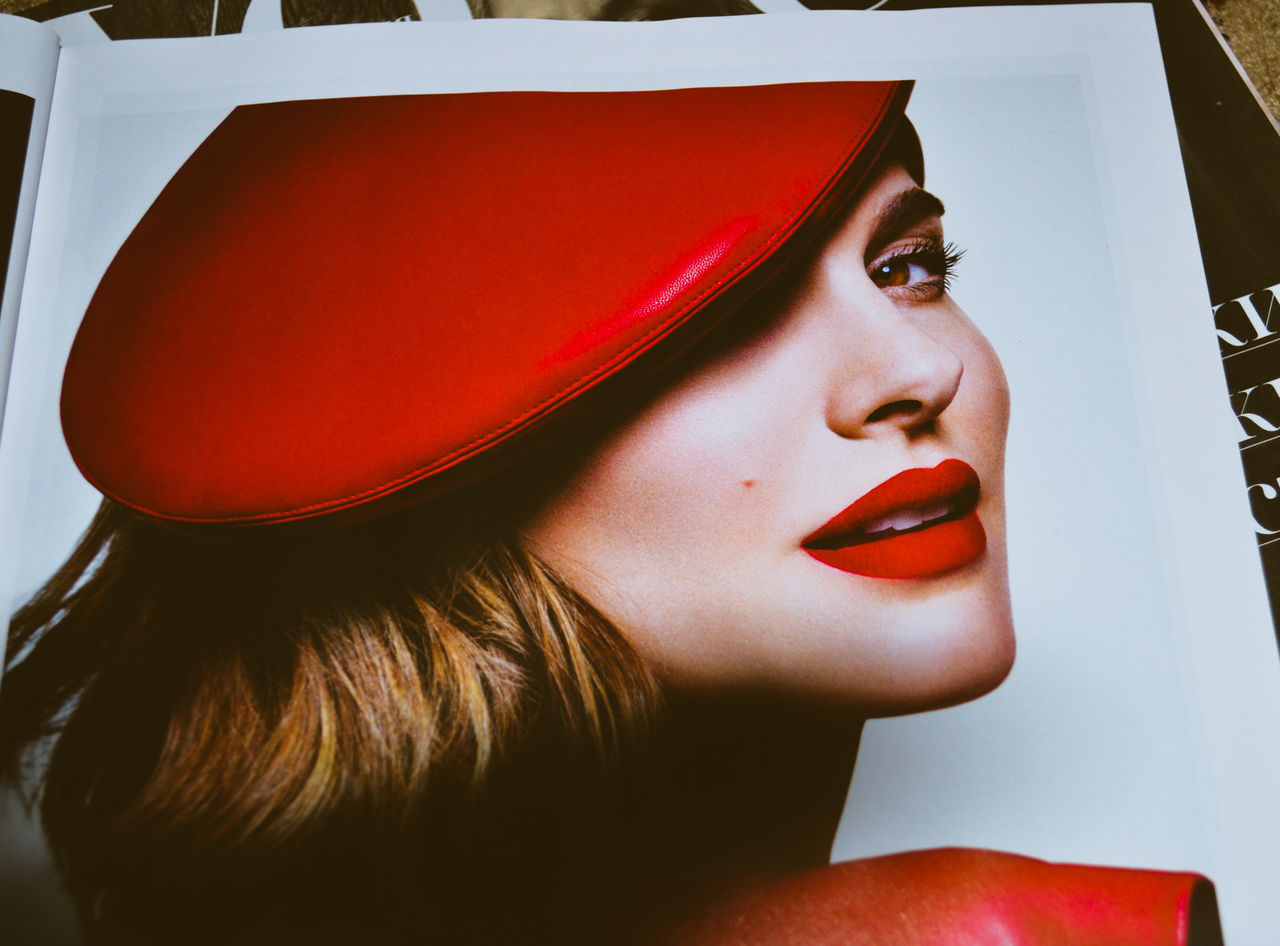 red, women, one person, adult, portrait, fashion, young adult, headshot, make-up, lipstick, human face, female, close-up, hat, glamour, studio shot, person, clothing, indoors, looking, arts culture and entertainment, elegance, human lips