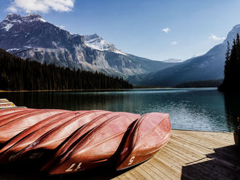 Scenic view of lake against mountains during winter