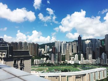 View of cityscape against cloudy sky