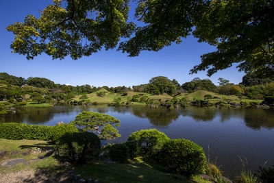 Scenic view of lake against clear blue sky