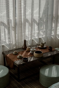 High angle view of crockery on table at home