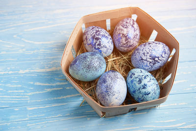 High angle view of eggs on table