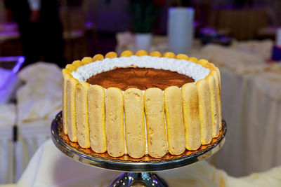 Close-up of cake on cakestand