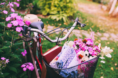 Close-up of pink flowering plants by bicycle in park