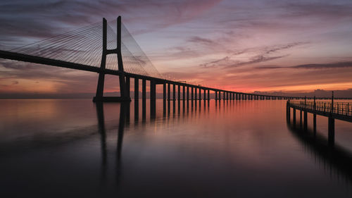 Bridge over sea against sky during sunset