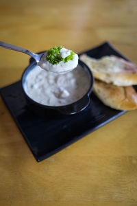 High angle view of breakfast on table