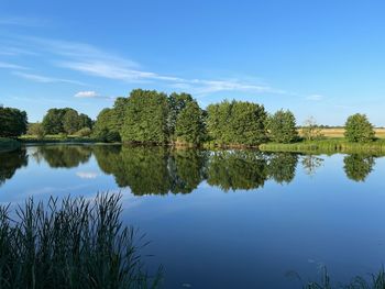 Scenic view of lake against blue sky