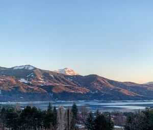 Scenic view of lake and mountains against clear sky