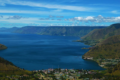 Scenic view of sea and mountains against sky