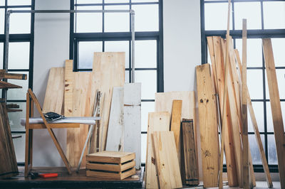 Wooden chairs against wall