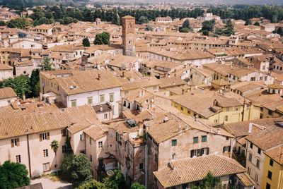 High angle view of houses in town