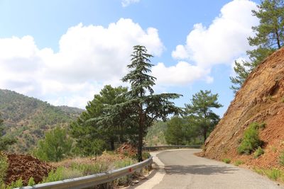 Empty road along trees and plants against sky