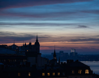 Buildings in city against sky during sunset