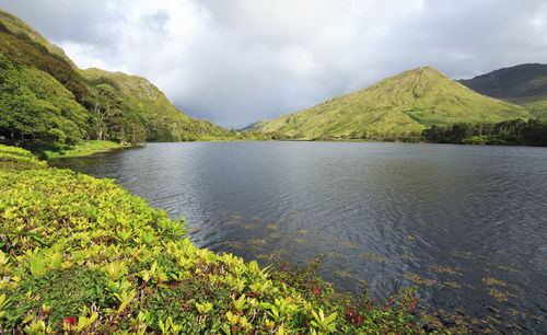 Scenic view of lake and mountains against sky